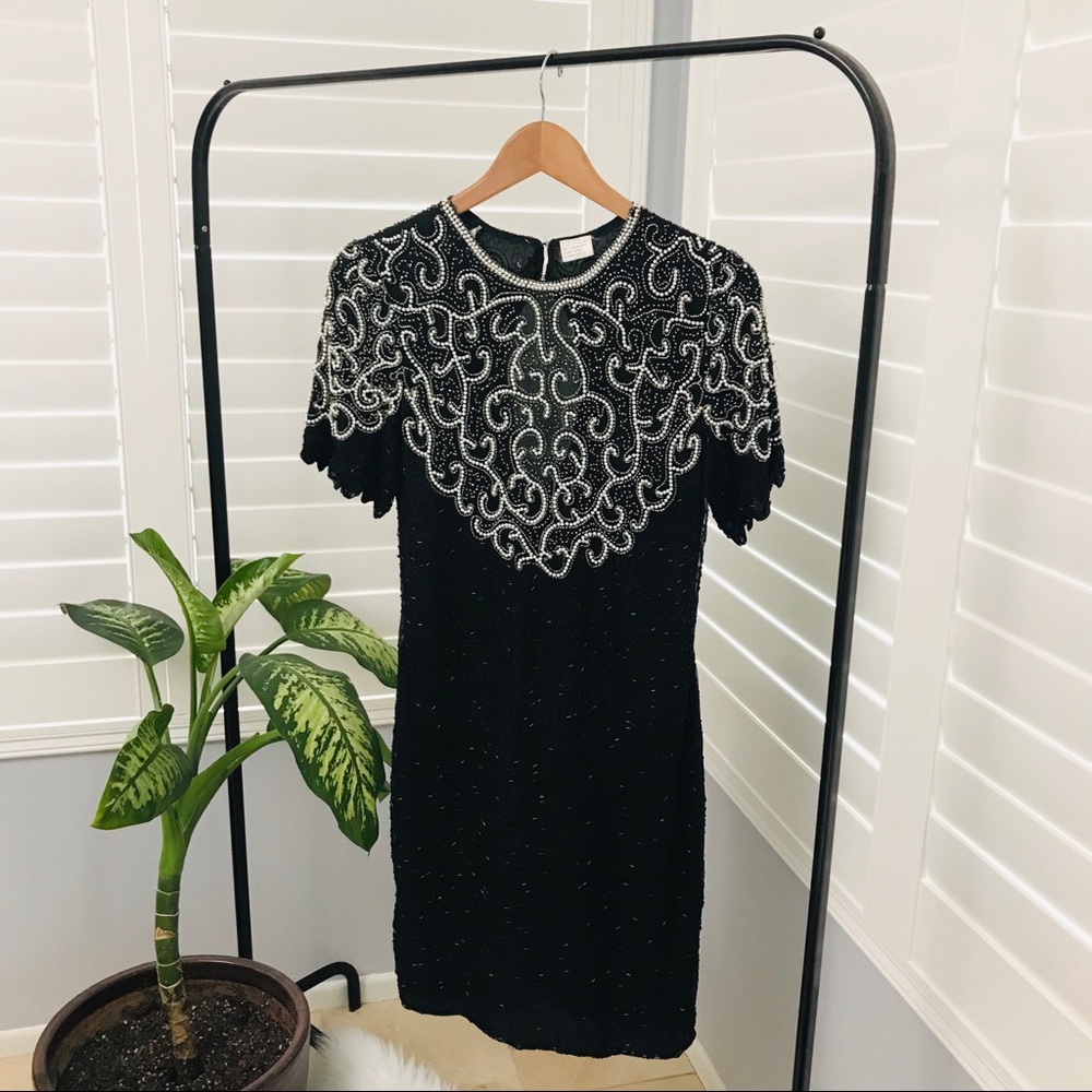Vintage black silk beaded pearl embellished dress